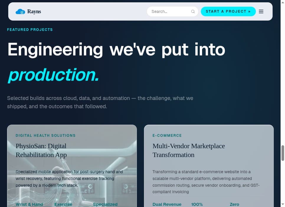Featured Projects section of Rayns website
